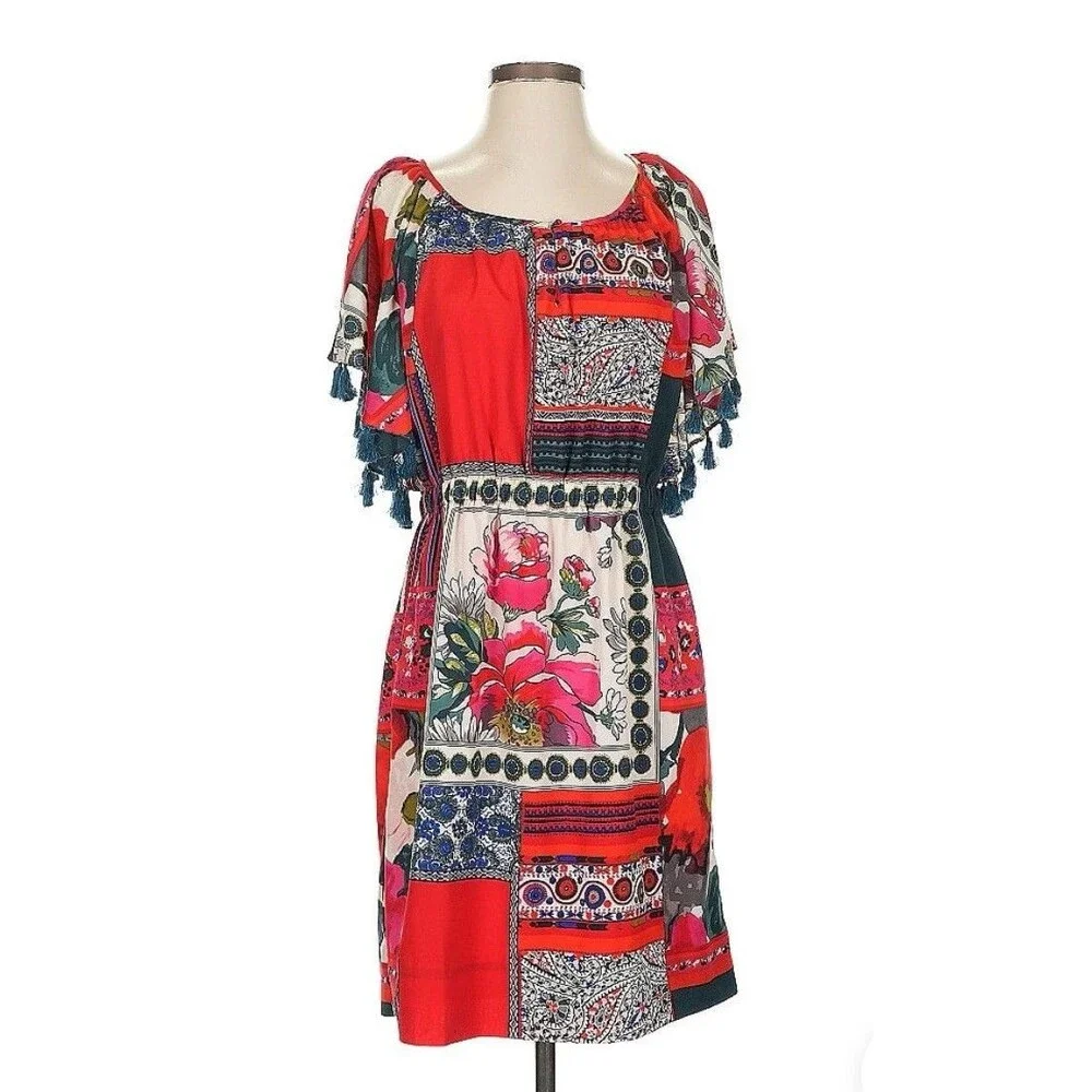 Anthropologie Vanessa Virginia Persian Rose Dress Tassels Red Navy White Small - Picture 3 of 14